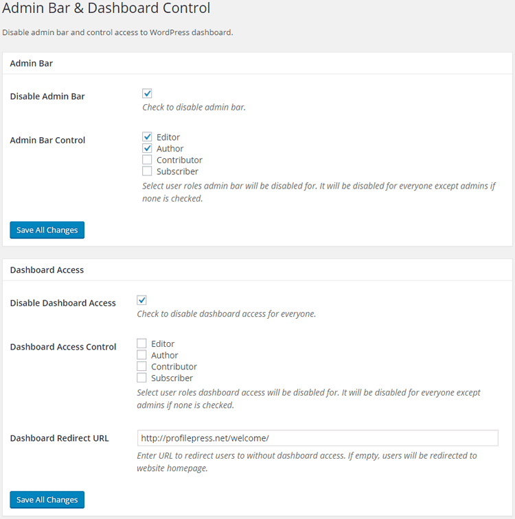 Admin Bar & Dashboard Access Control